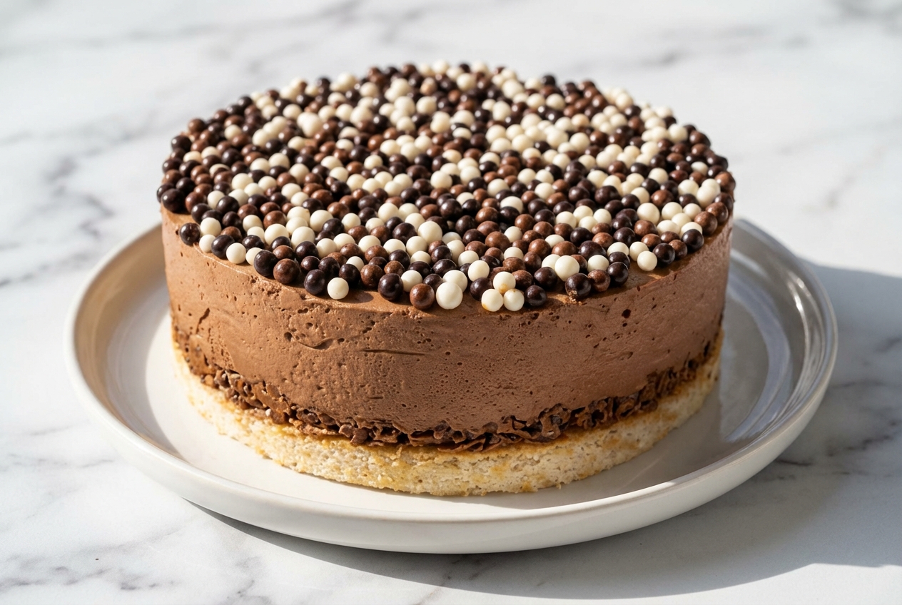 Gâteau mousse au chocolat brillant sur marbre blanc, saupoudré de fève Tonka râpée et de grué de cacao croquant.