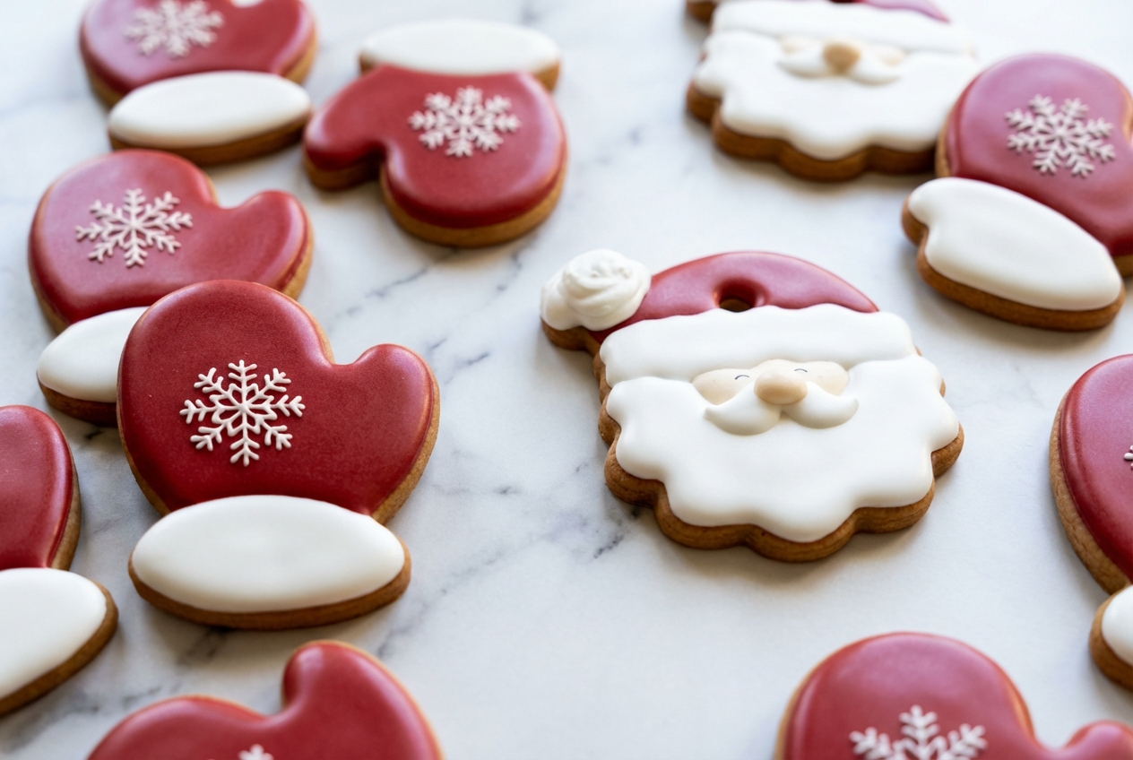 Glaçage pour sablés lisse et brillant à la glycérine sur un comptoir en marbre blanc baigné de lumière naturelle.