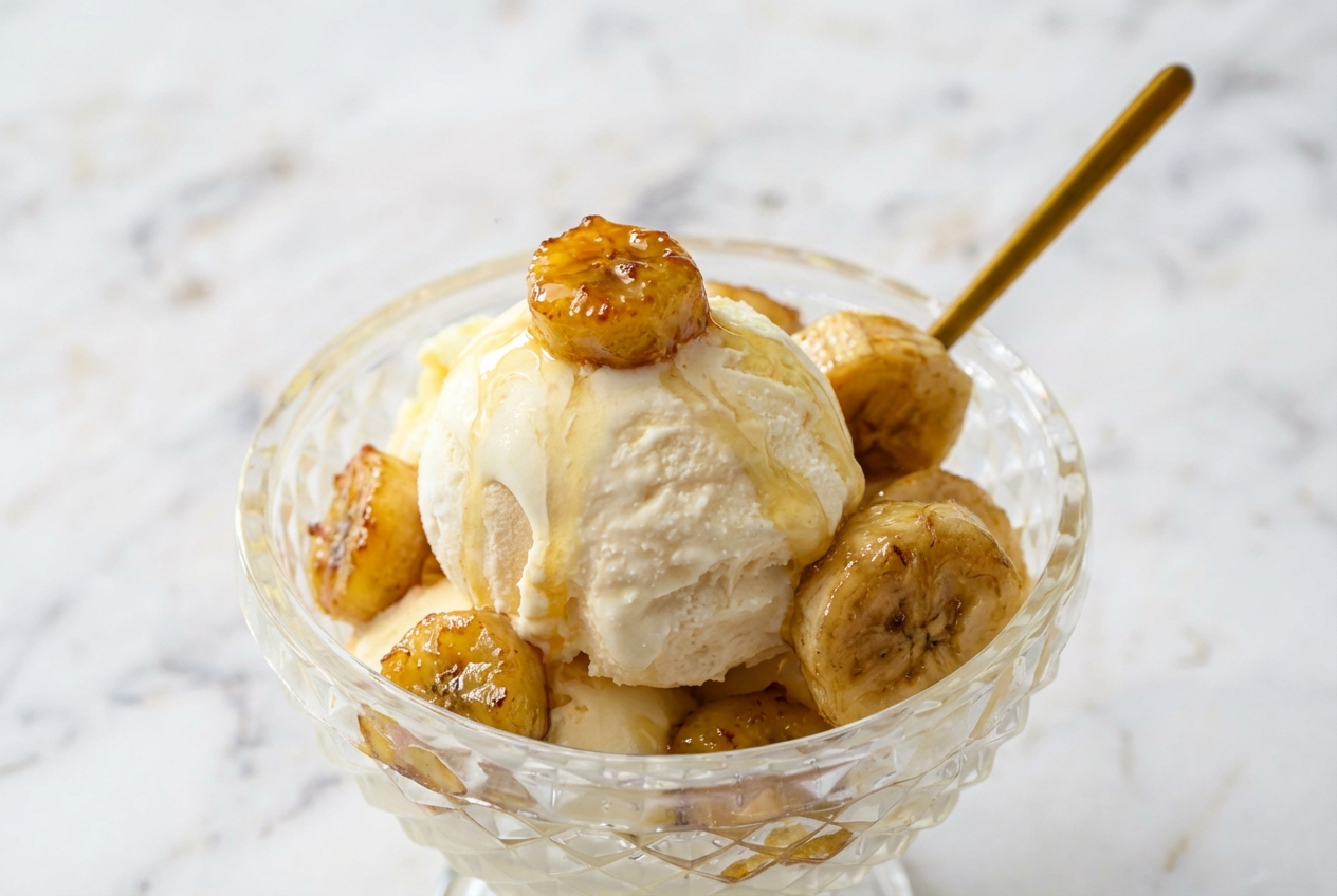 Glace banane onctueuse à la banane rôtie au miel dans un bol en céramique minimaliste sur un plan de travail en marbre blanc.