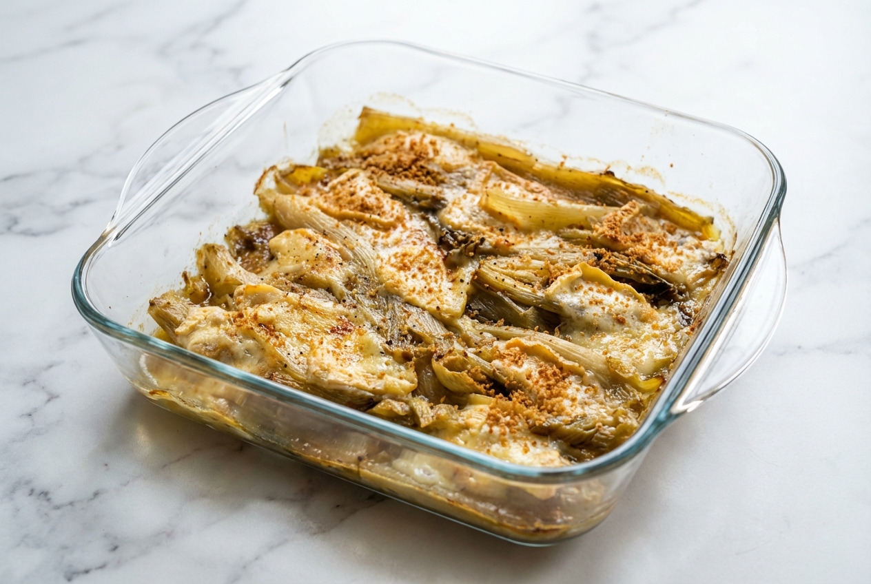 Gratin d'endives au Maroilles doré sur marbre blanc avec chapelure croustillante de pain d'épices et reflets soyeux.