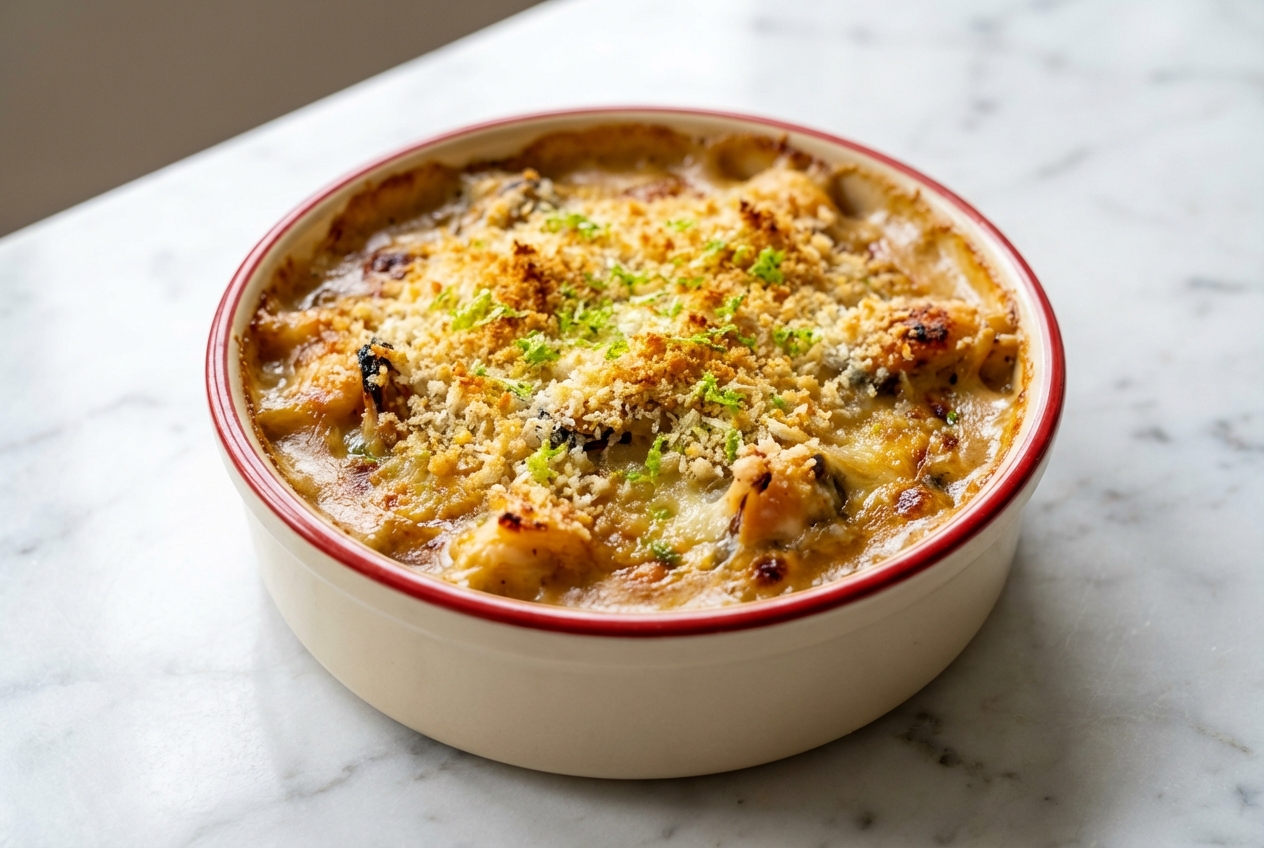 Gratin de fruits de mer doré à la chapelure au citron vert sur un plan de travail en marbre blanc, lumière naturelle.