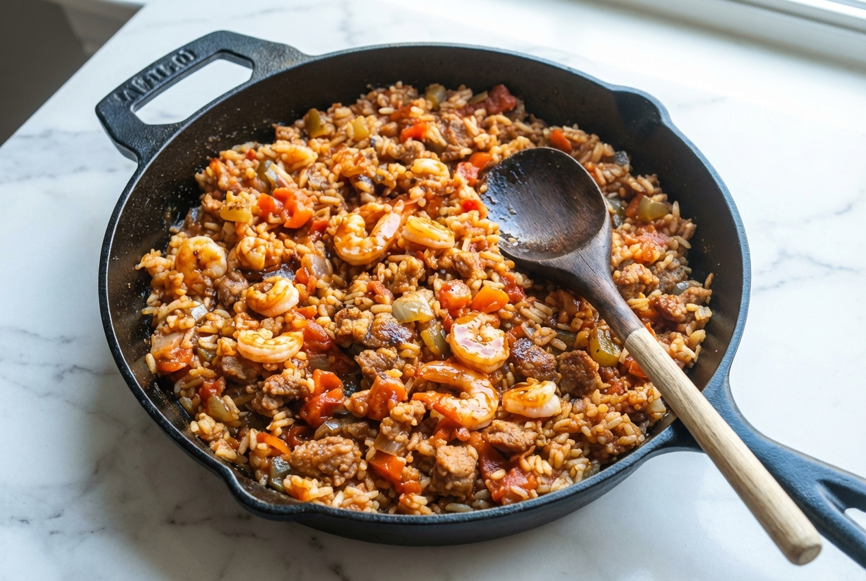 Jambalaya Créole onctueux au bourbon et beurre noisette, servi dans un bol en céramique sur marbre blanc.