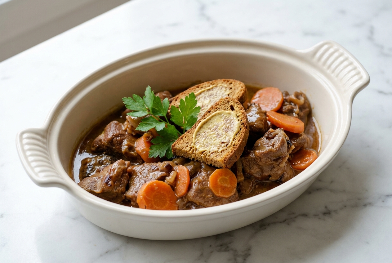 Joue de boeuf au cidre fondante en cocotte, sauce onctueuse liée au pain d'épice et moutarde forte sur marbre blanc.