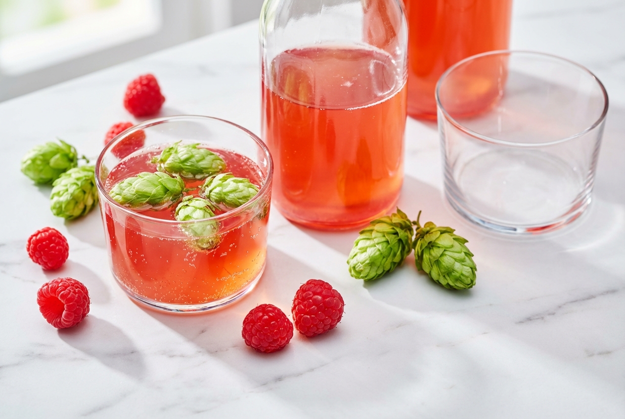 Kombucha maison pétillant infusé à froid au houblon Citra sur un plan de travail en marbre blanc lumineux.