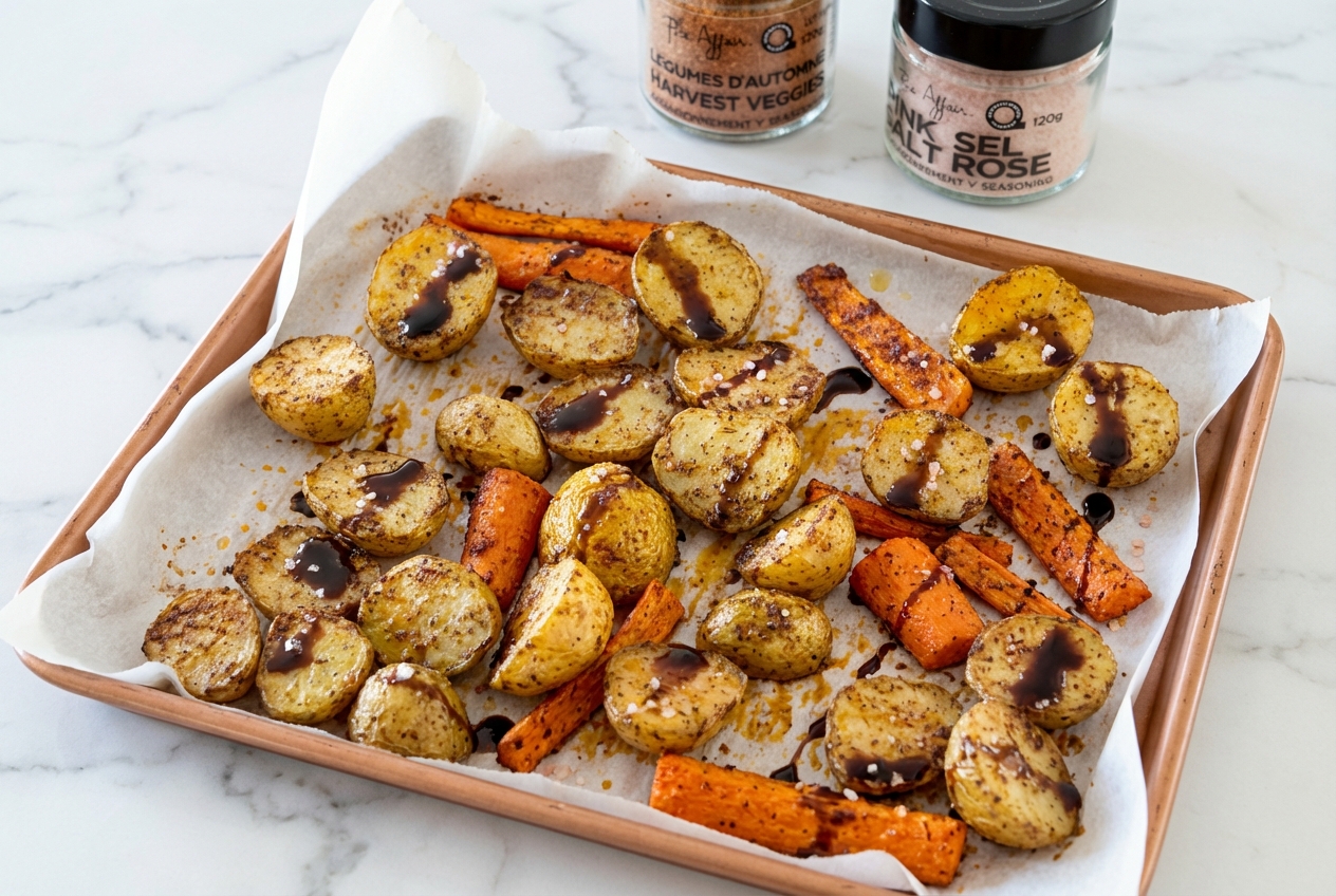 Vue de dessus des Légumes au four au Sel rose de l’Himalaya rôtis, glacés au vinaigre balsamique sur marbre blanc.