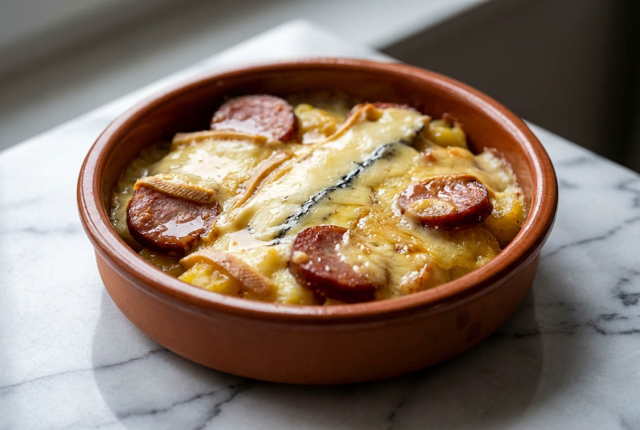 Morbiflette à la saucisse de Morteau dorée au four dans un plat en céramique sur marbre blanc. Oignons glacés au Vin Jaune, lumière douce.