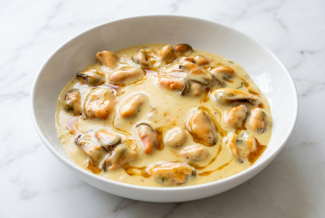 Mouclade charentaise onctueuse infusée au Pineau et beurre noisette, présentée dans un bol blanc sur marbre.