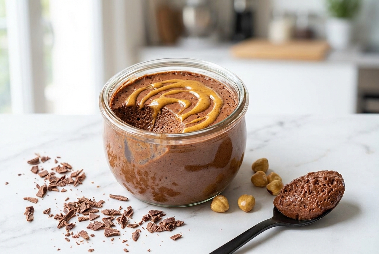Mousse au chocolat aquafaba aérienne sur marbre blanc avec filet de beurre de noisette, éclairage naturel doux.