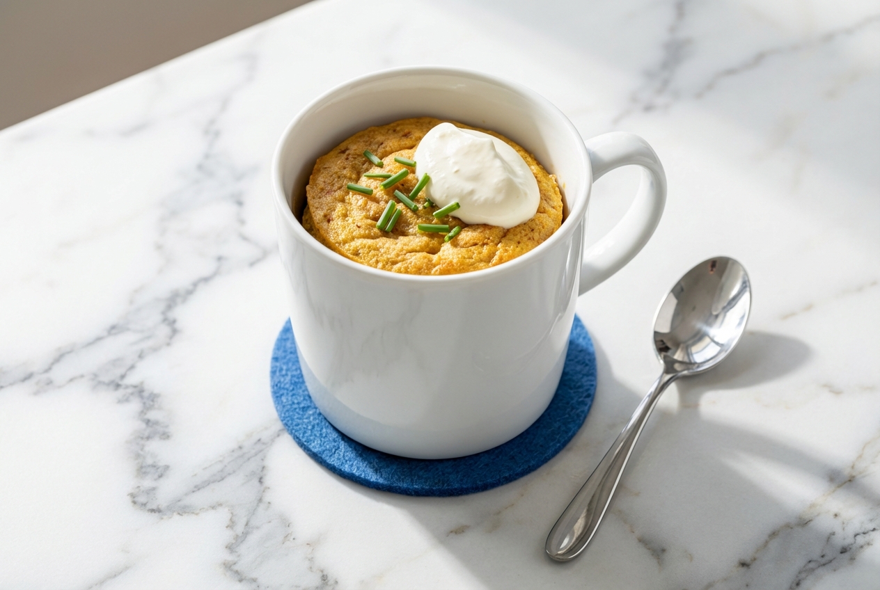 Mug cake salé doré et fumant avec un cœur coulant au fromage frais servi dans une tasse en céramique sur une surface en marbre blanc baignée de lumière naturelle