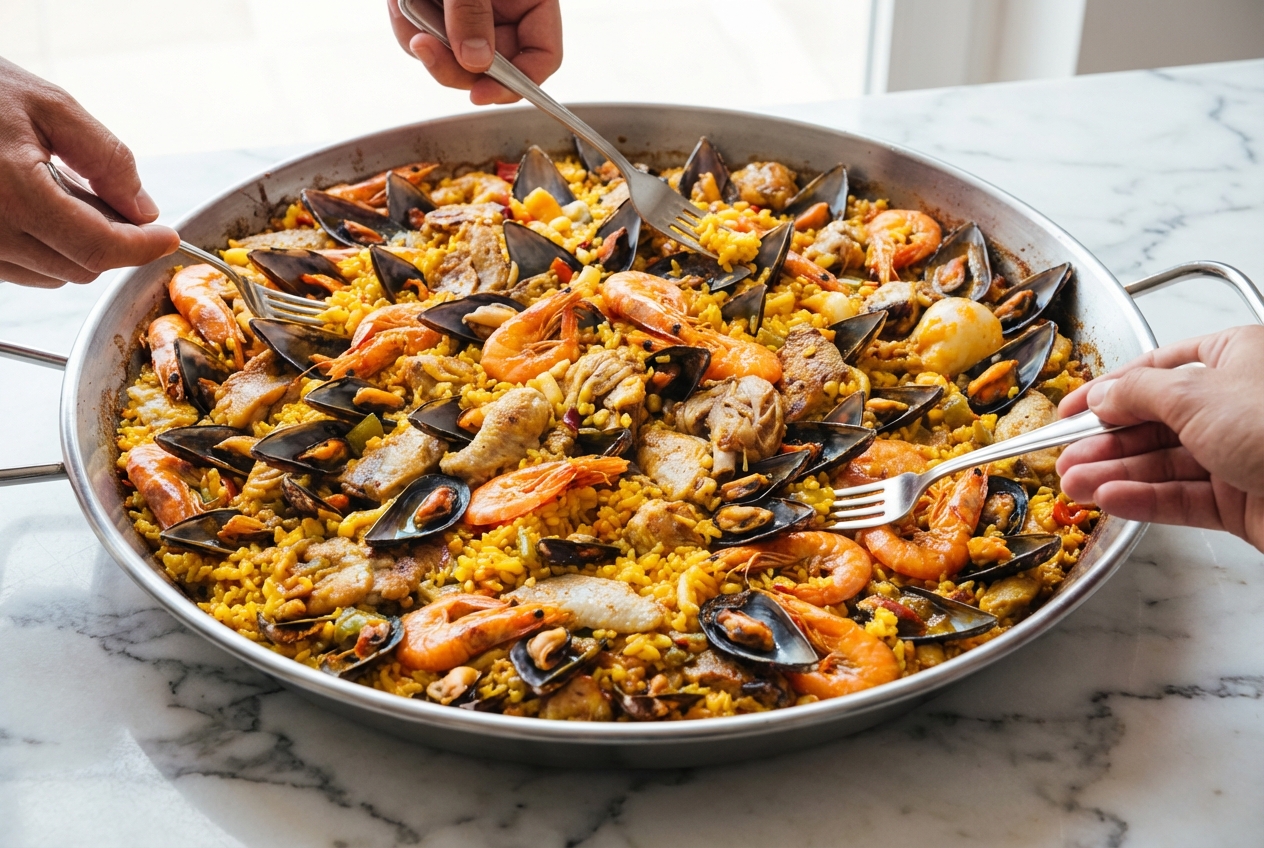 Paella au chorizo vibrante dans une poêle sur marbre blanc, où l'huile rouge fumée vient sublimer un parfait socarrat.