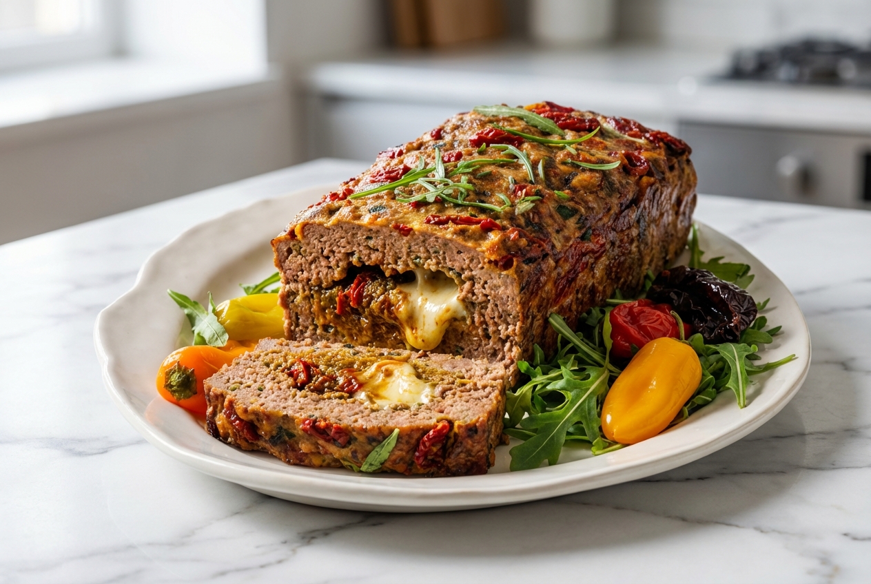 Pain de viande à l’italienne tranché révélant un cœur fondant de pesto de tomates séchées et mozzarella sur marbre blanc.