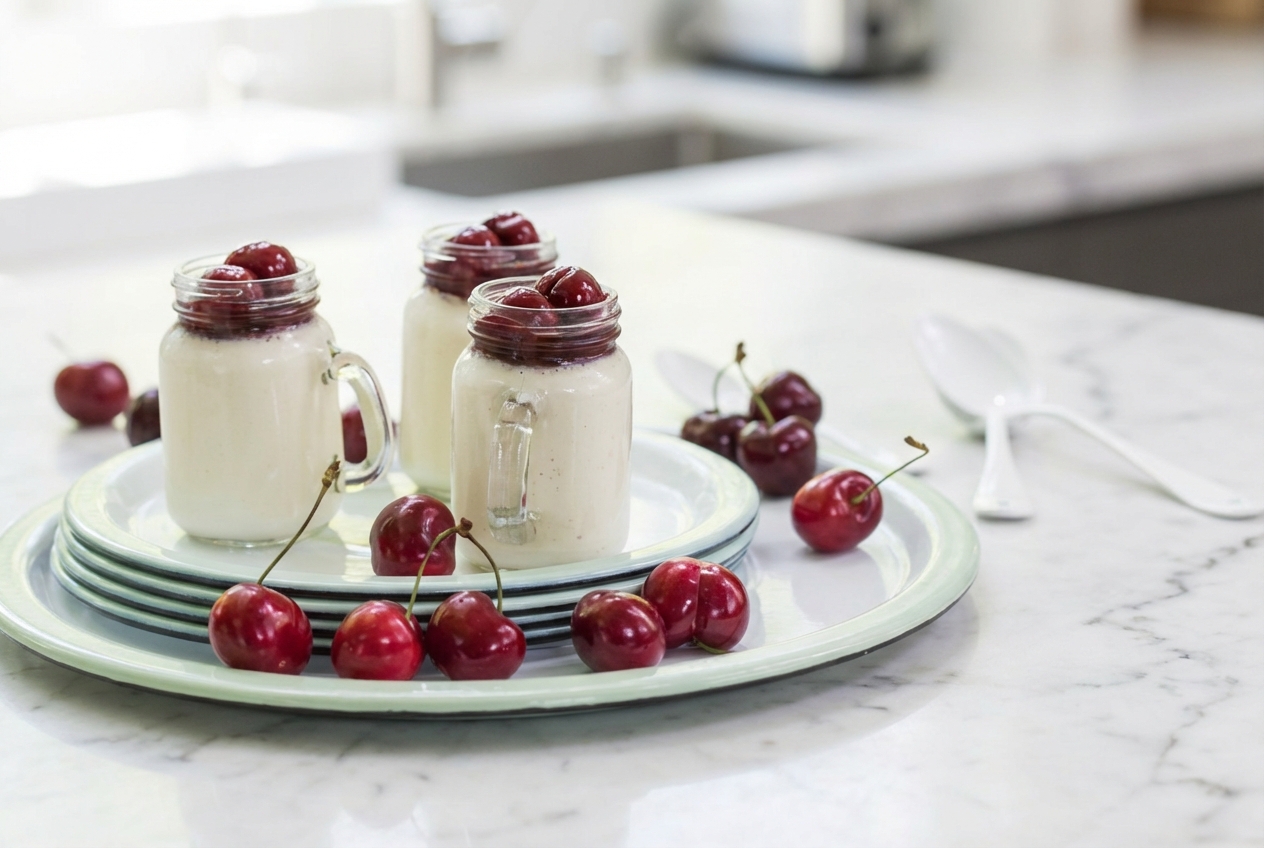 Panna cotta à la cerise dans une verrine en céramique minimaliste sur marbre blanc, garnie de cerises rôties au balsamique sous une lumière naturelle.