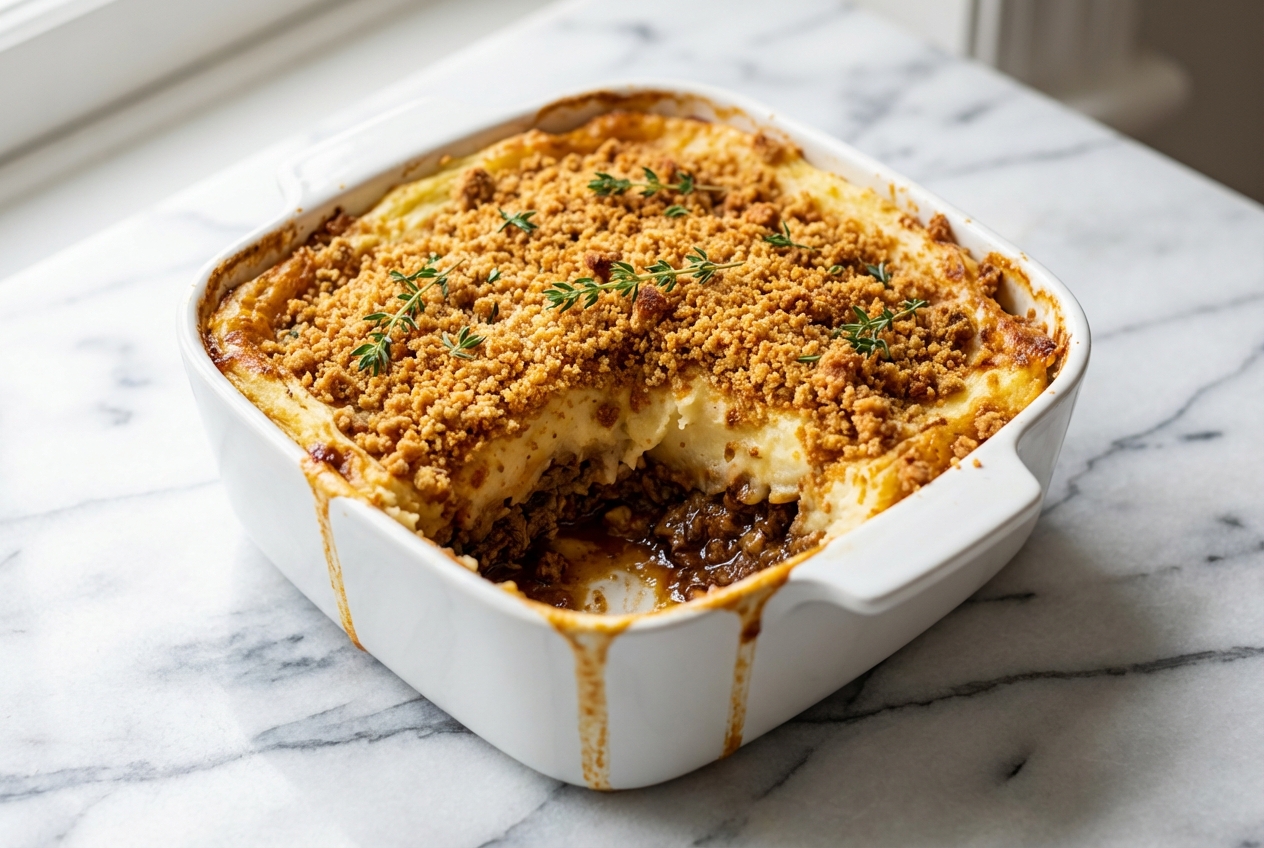 Parmentier au foie gras sur marbre blanc avec son crumble de pain d'épice doré, vue en plongée sous lumière naturelle.