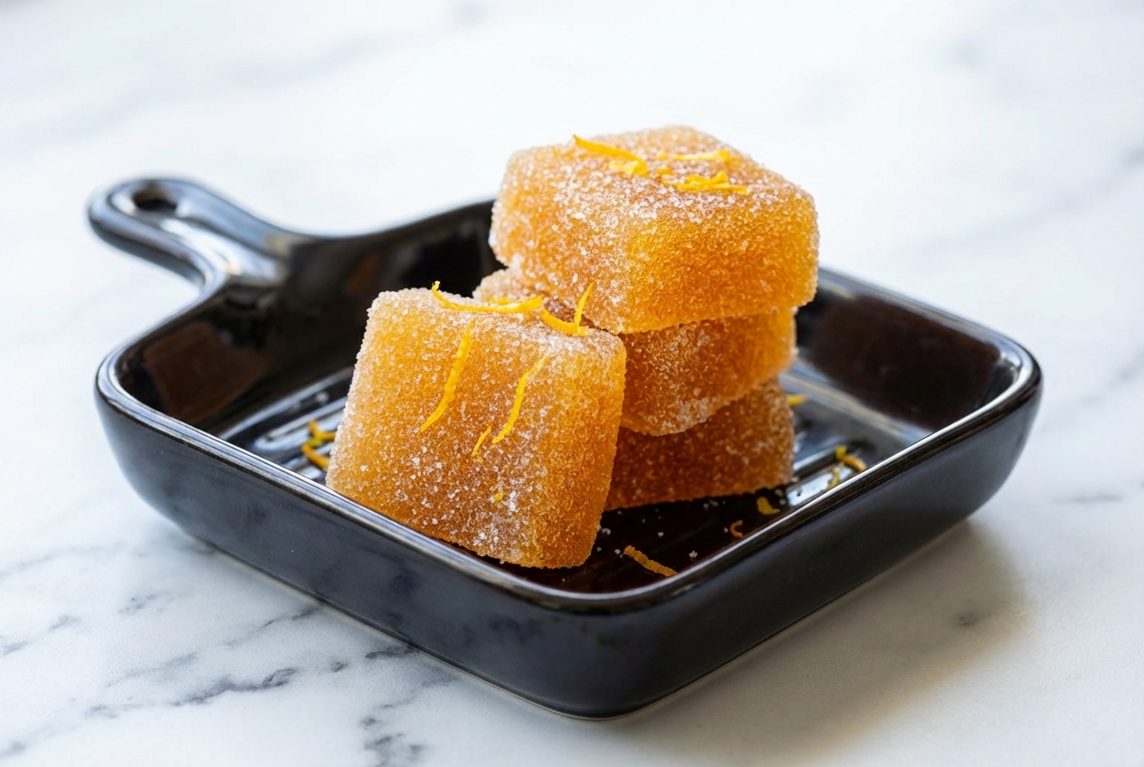 Pâte de fruits orange citron aux zestes infusés à froid, texture translucide sur marbre blanc en lumière naturelle.