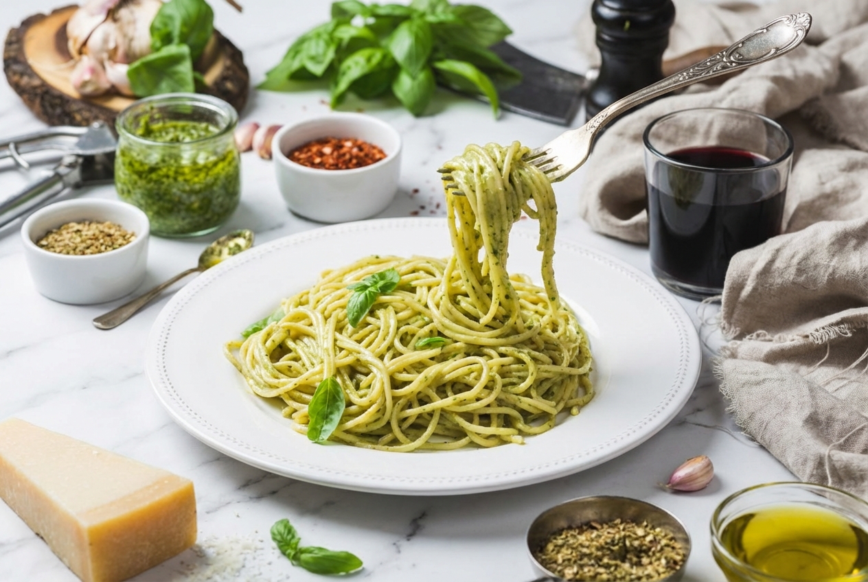 Pâtes sans gluten onctueuses nappées d'une émulsion soyeuse dans un bol en céramique blanc sur un plan de travail en marbre.