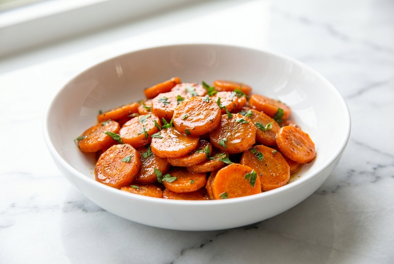 Poêlée de carottes glacées au jus d'orange et cumin dans une assiette en céramique blanche sur un plan de travail en marbre.
