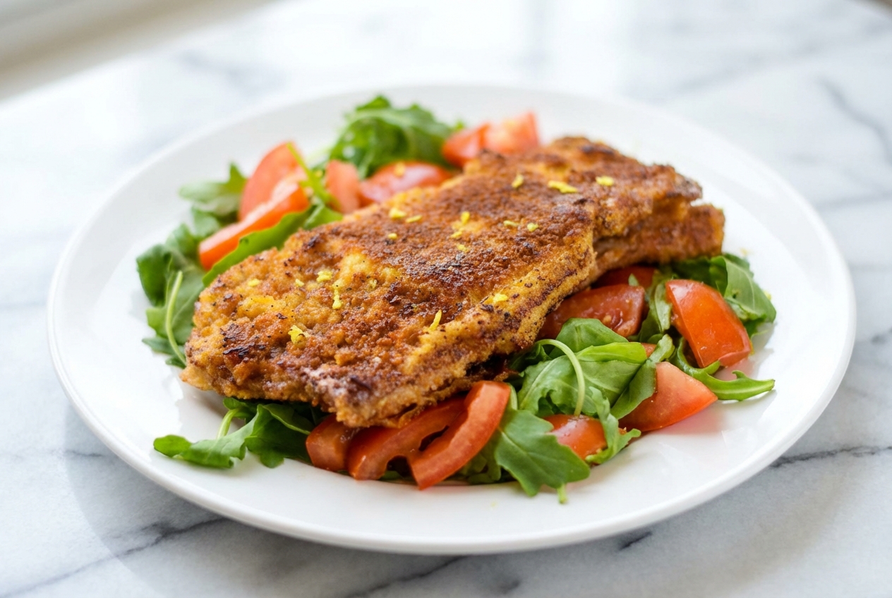 Poulet à la milanaise croustillant sur assiette en céramique, panure au zeste de citron, lumière naturelle sur marbre blanc.