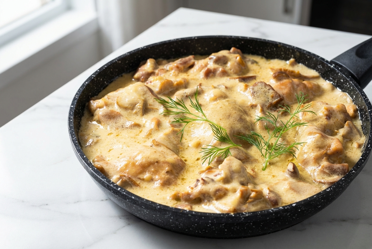 Poulet à la moutarde nappé d'une sauce onctueuse au beurre de moutarde, servi dans une assiette en céramique minimaliste sur marbre blanc.