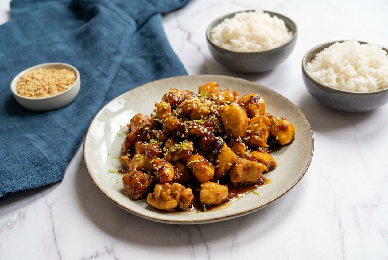 Poulet au caramel laqué, zestes de citron vert et sésame sur marbre blanc, lumière naturelle diffuse.