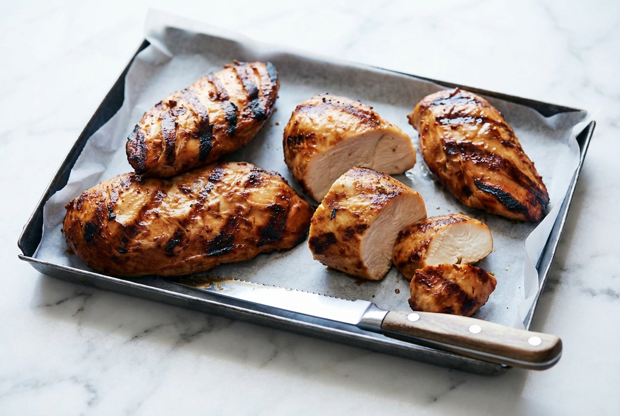 Poulet mariné au miso nappé d'une émulsion beurre-miso onctueuse sur une assiette en céramique et marbre blanc.
