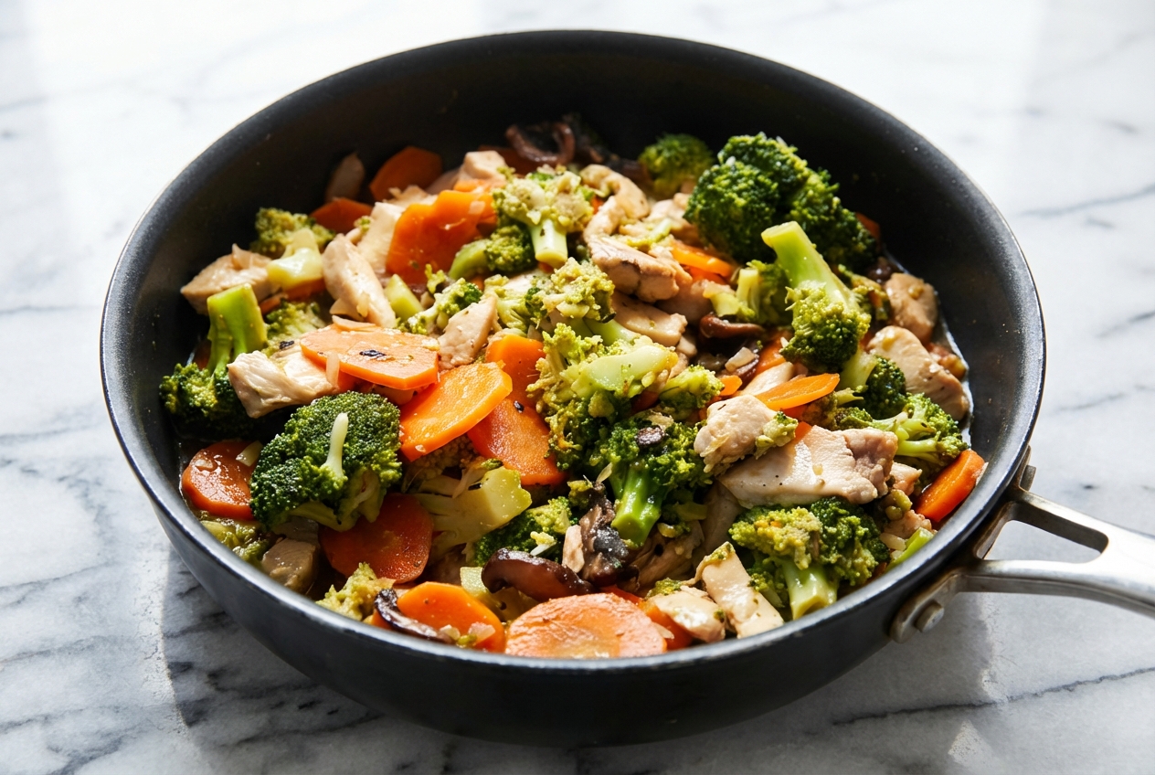 Bol en céramique minimaliste rempli de poulet sauté au brocoli brillant sur une surface en marbre blanc, mettant en valeur la texture tendre obtenue par le velveting.