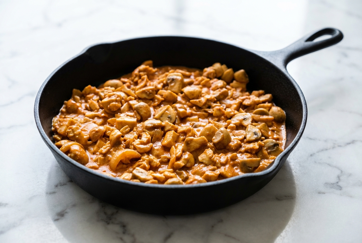 Poulet Stroganoff crémeux déglacé au Cognac servi dans un bol en céramique blanche sur un plan de travail en marbre.