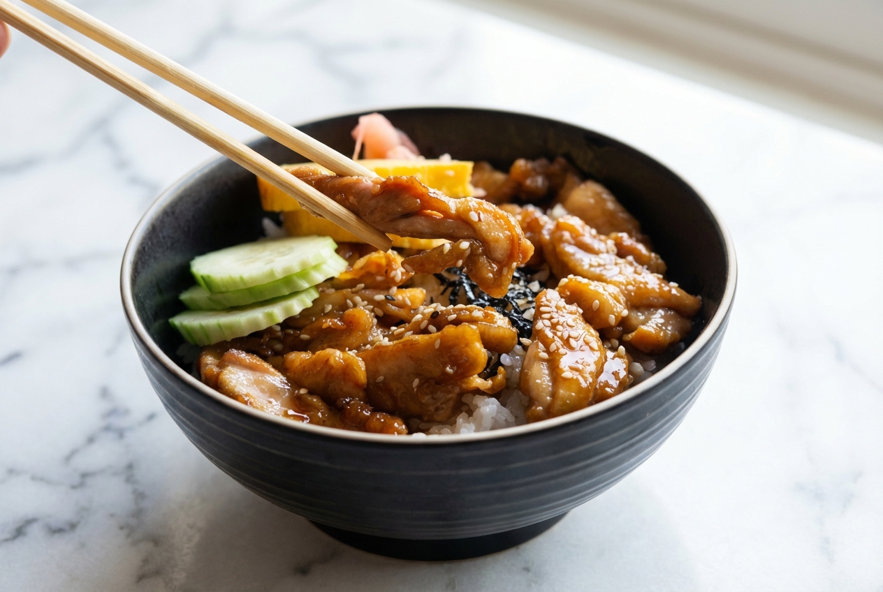 Poulet teriyaki laqué servi dans un bol en céramique sur marbre blanc, fini au vinaigre de riz et huile de sésame.