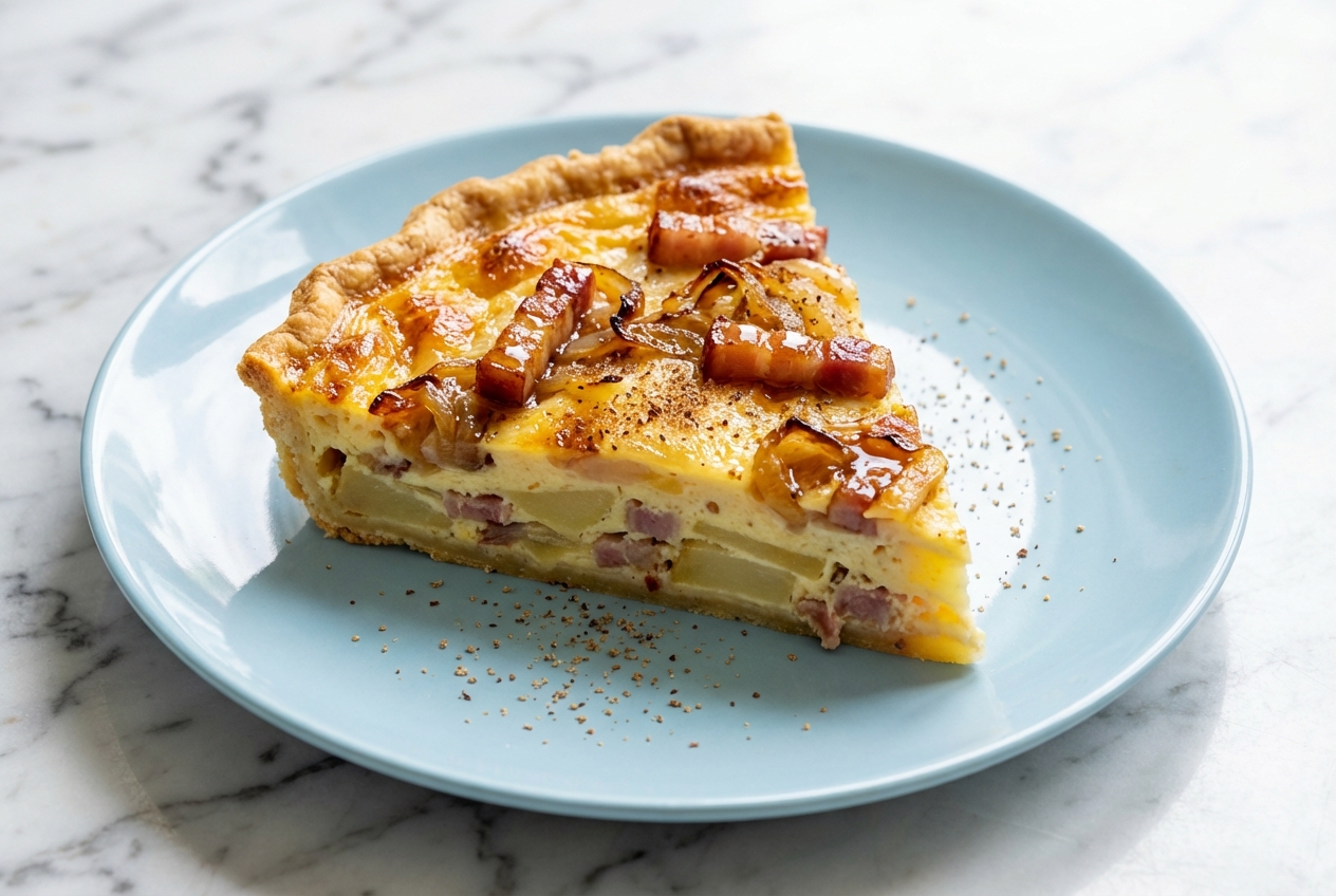 Vue de haut d'une quiche façon tartiflette dorée dans un plat en céramique minimaliste sur une surface en marbre blanc, baignée d'une lumière naturelle, révélant des lardons allumettes déglacés au vin blanc et du reblochon fondu.
