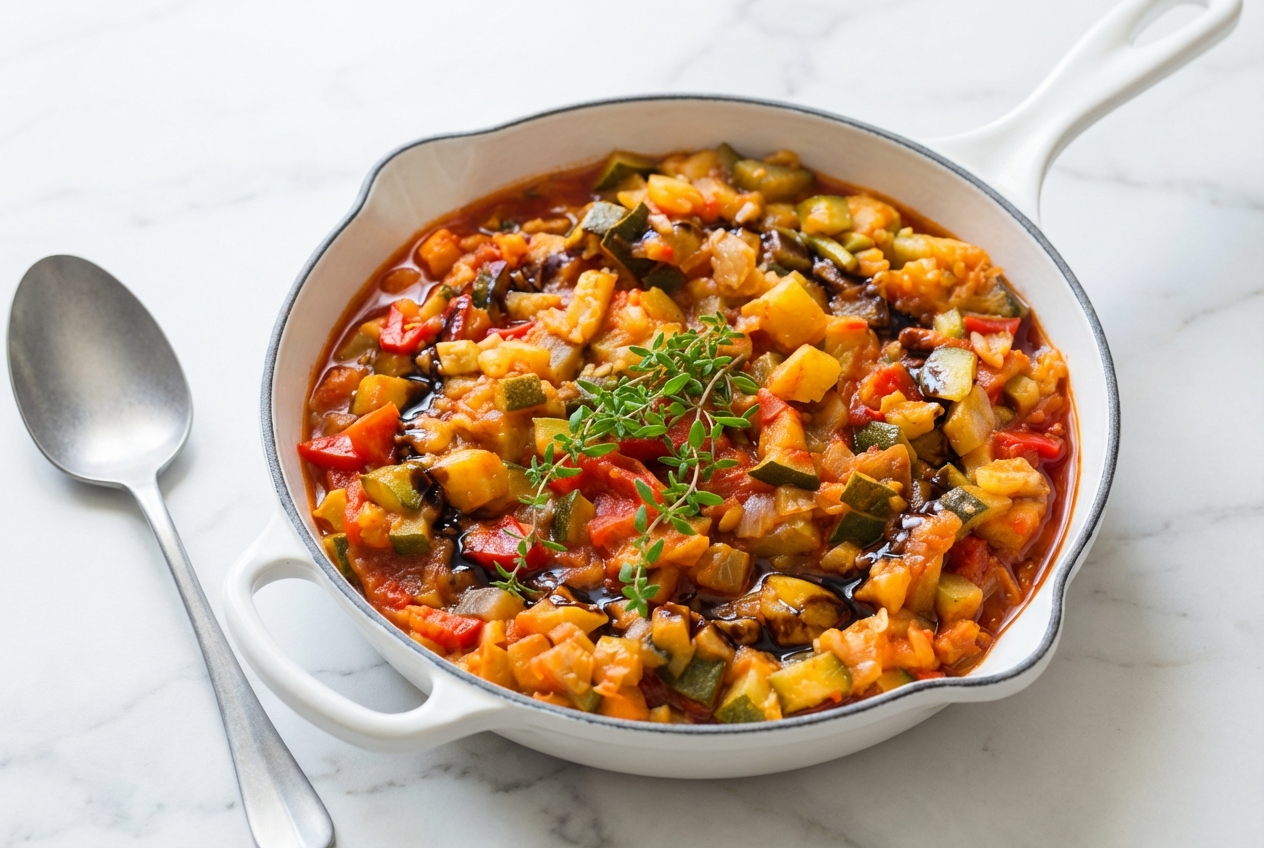 Ratatouille confite au four servie dans un plat en céramique minimaliste, légumes caramélisés et brillants relevés au vinaigre balsamique sur marbre blanc.