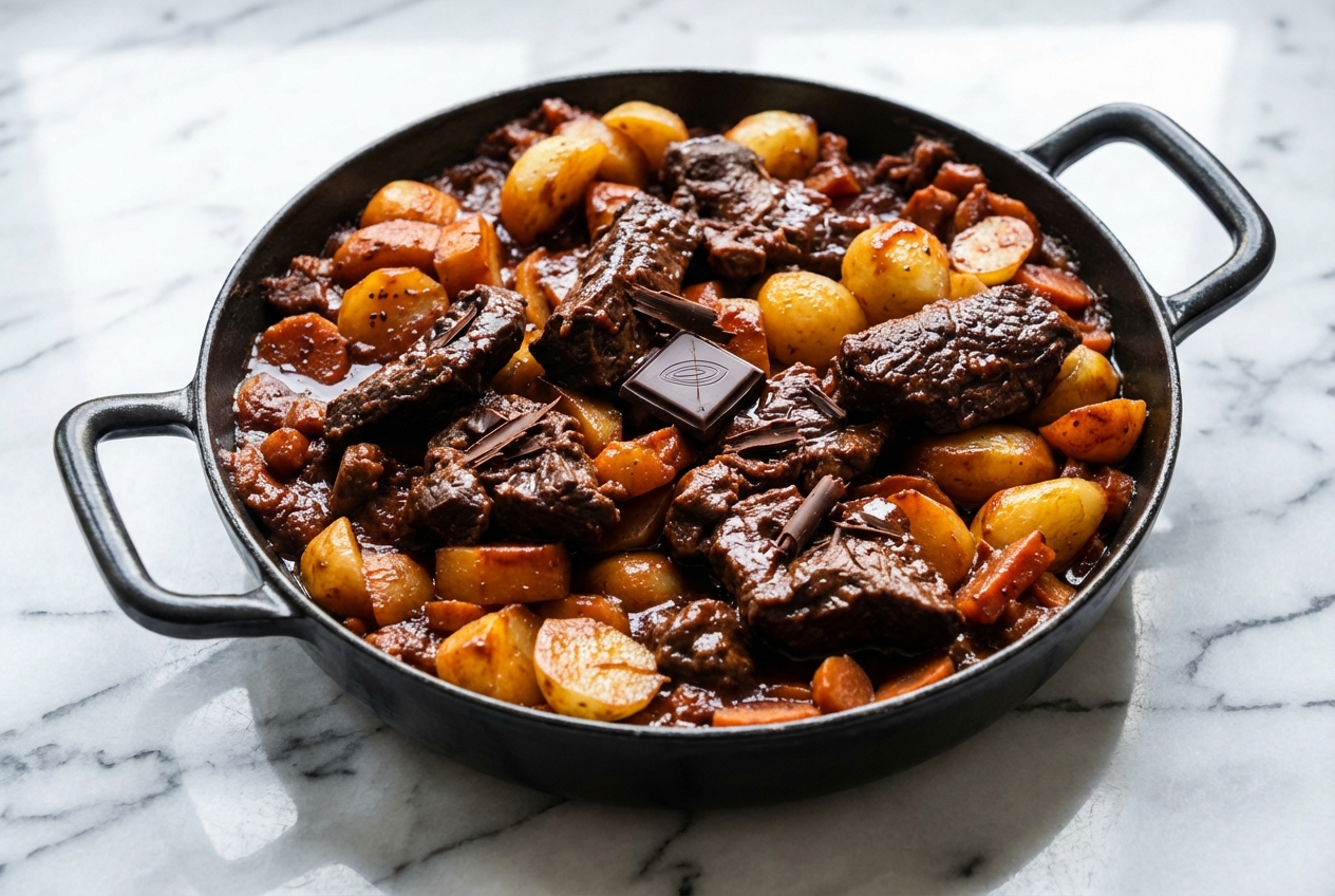 Notre recette boeuf bourguignon servie dans une assiette en céramique minimaliste sur marbre blanc. La sauce veloutée au chocolat noir 70% brille sous une lumière naturelle douce.
