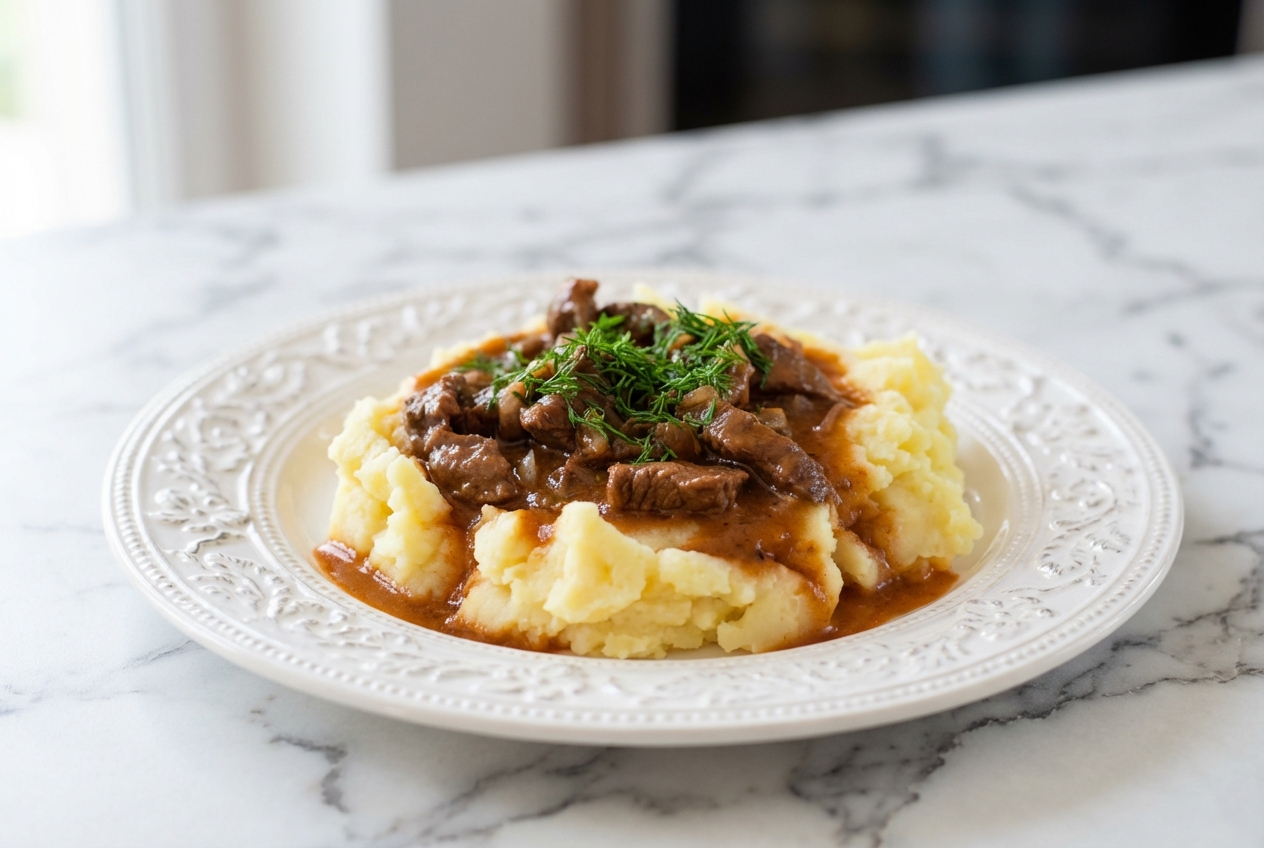 Recette boeuf stroganoff onctueuse avec aneth fraîche et jus de cornichons dans un bol blanc sur marbre.