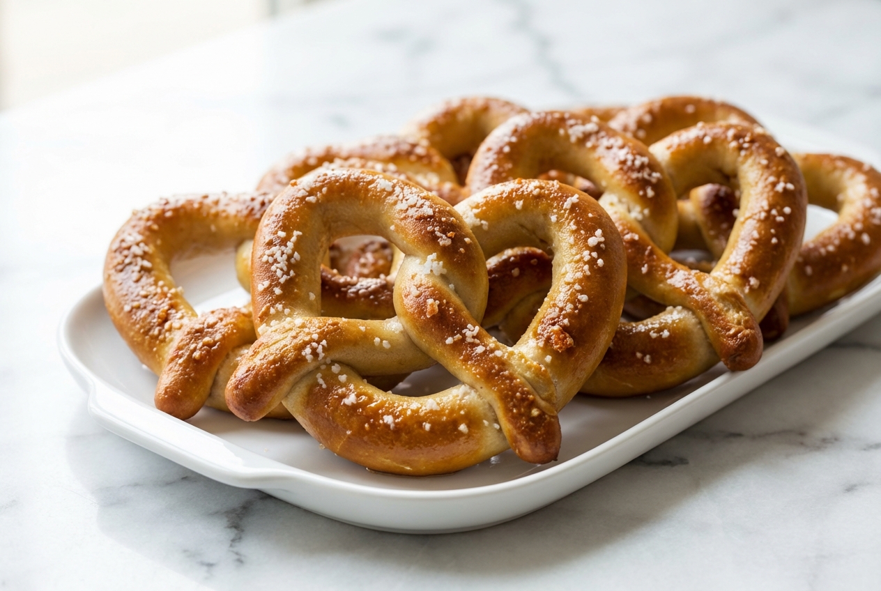 Vue de dessus d'une recette bretzel à la robe ambrée et au beurre noisette, parsemée de gros sel sur une surface en marbre blanc.