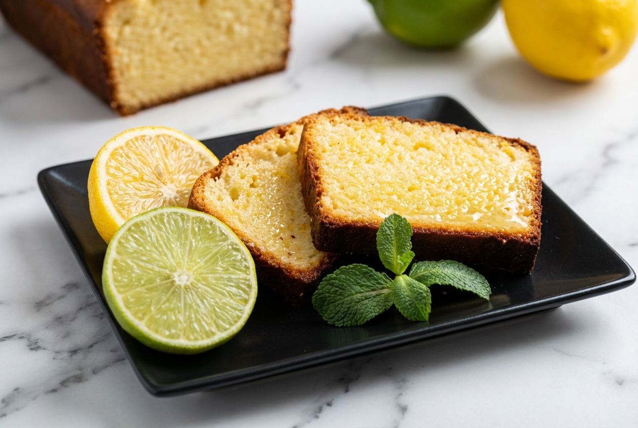 Vue de dessus d'une recette cake au citron doré sur un plan de travail en marbre blanc, brillant de son sirop d'imbibage chaud.