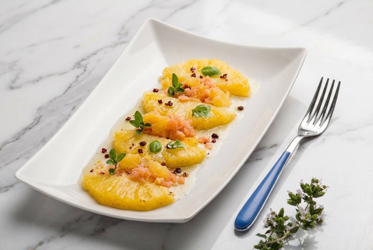 recette carpaccio d'ananas Victoria en tranches translucides sur marbre blanc avec infusion de basilic et poivre de Timut.