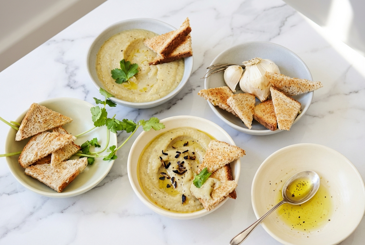 Recette caviar d'aubergine onctueuse au parfum fumé maison, présentée dans un bol en céramique minimaliste sur marbre blanc.