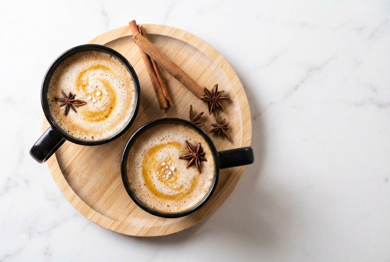 Recette chai latte onctueuse en tasse céramique sur marbre blanc, épices torréfiées au beurre noisette et sel de mer.