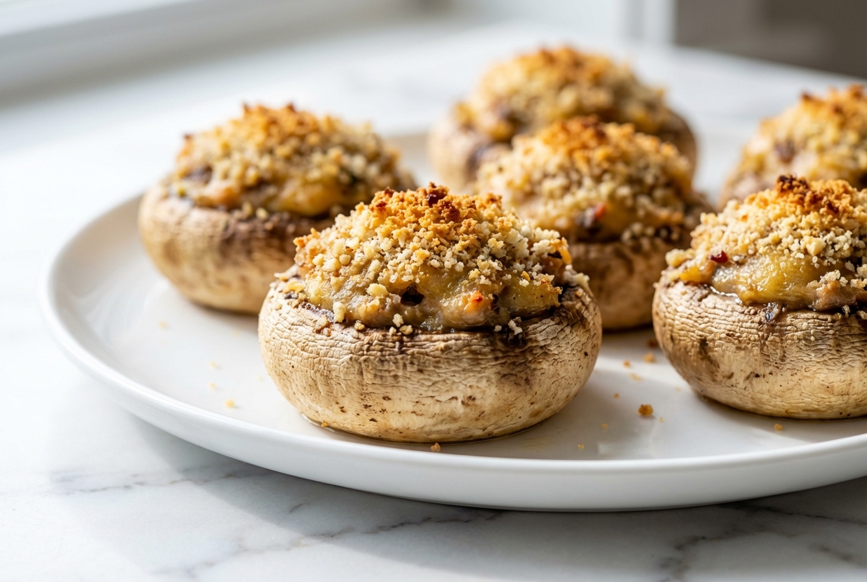 champignons farcis au four gratinés sur marbre blanc, chapelure aux noisettes torréfiées, éclairage naturel doux.