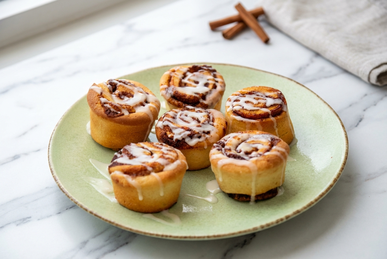 Recette cinnamon rolls dorés nappés de glaçage cream cheese au beurre noisette, présentés sur une surface en marbre blanc baignée de lumière naturelle.