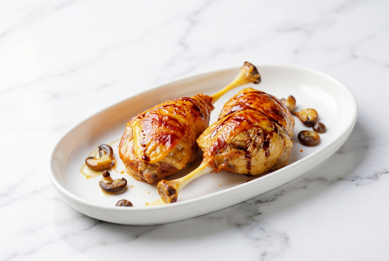 Vue rapprochée d'une cuisse de confit de canard à la peau croustillante et laquée au miel, sur une assiette en céramique minimaliste.