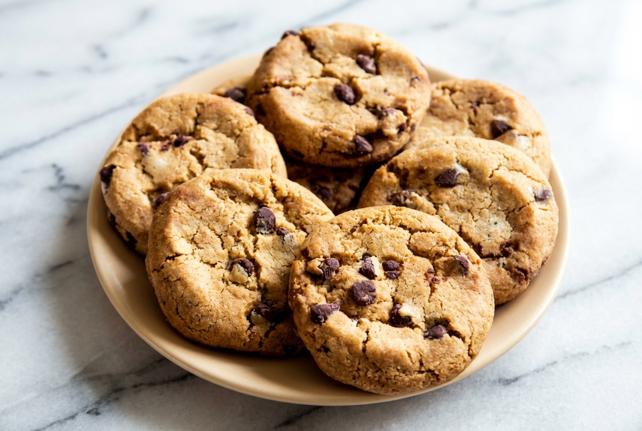 Cookies au beurre noisette et pépites fondantes, recette cookies pepites de chocolat sur plan de travail en marbre.