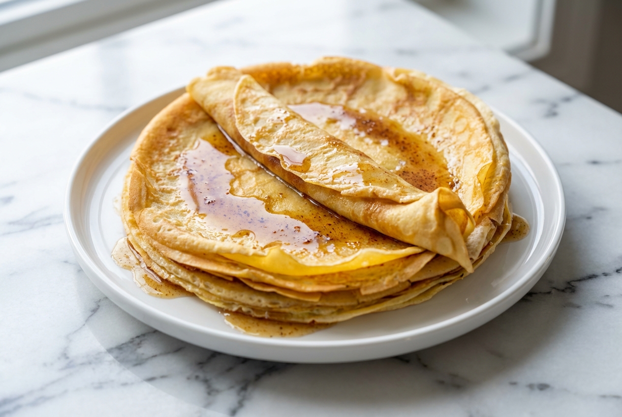 Vue rapprochée d'une pile généreuse de la recette de crêpes moelleuses au beurre noisette sur une assiette en céramique minimaliste baignée de lumière naturelle