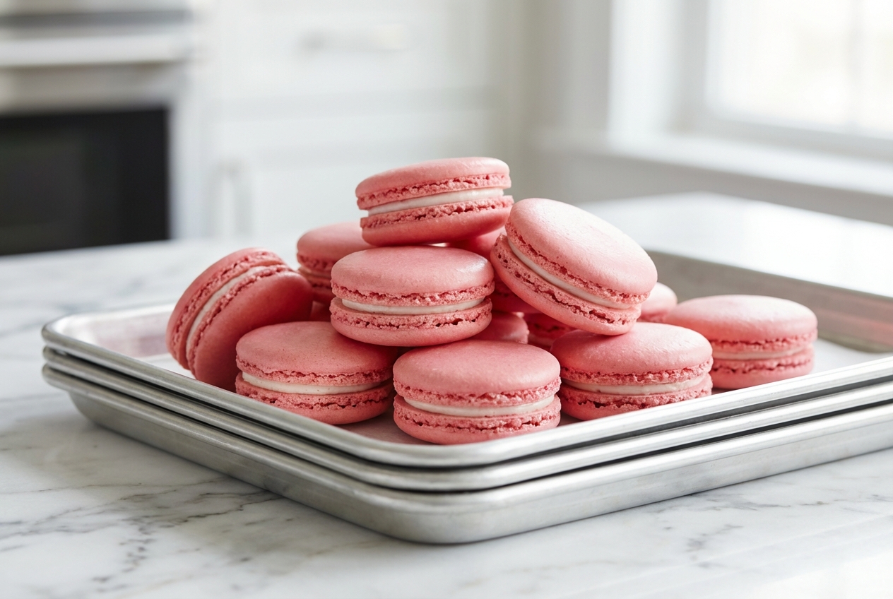 Recette de macaron à la collerette parfaite sur marbre blanc, obtenue par le secret du choc thermique sur triple plaque.