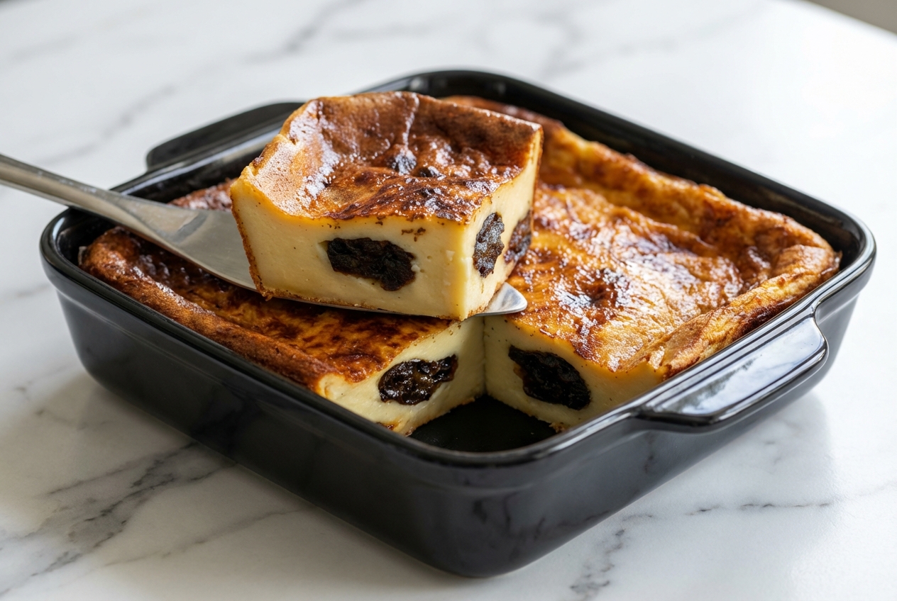 Recette de Far breton aux pruneaux, surface dorée au beurre noisette vanillé sur un plan de travail en marbre blanc.