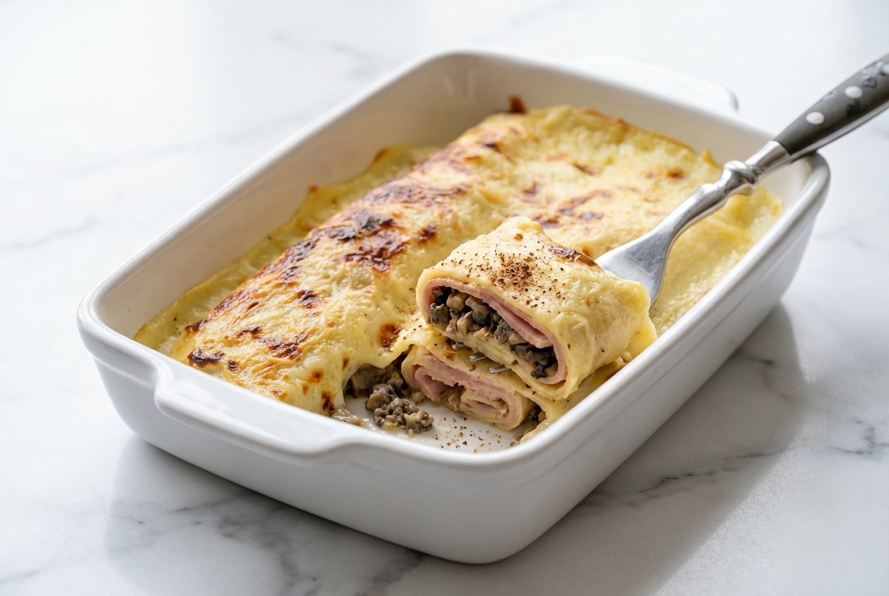 Recette Ficelle picarde gratinée au jambon à l'os et duxelles parfumée à la noix de muscade sur marbre blanc.