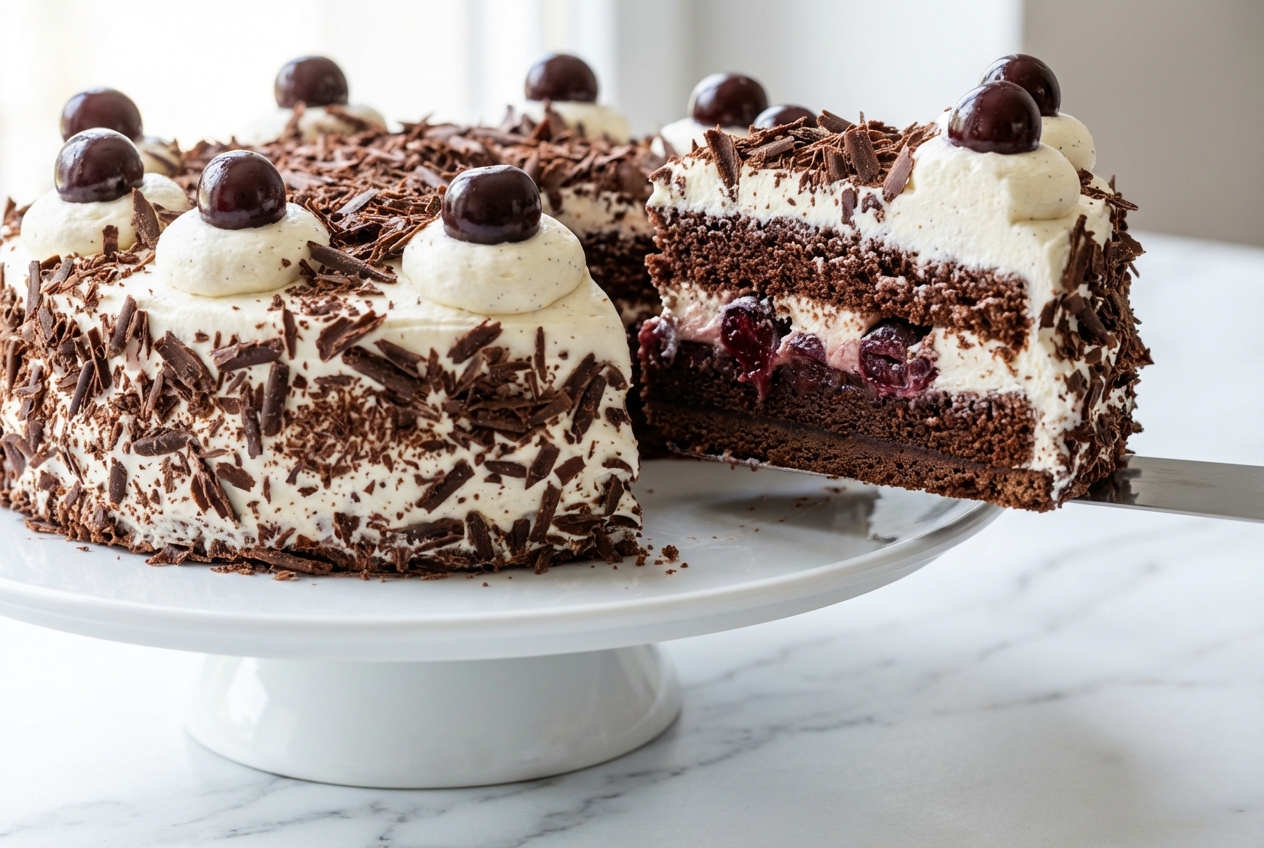 Recette gâteau forêt noire traditionnelle sur marbre blanc avec base croustillante cacao et chantilly onctueuse au mascarpone.