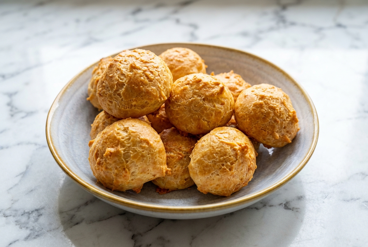 Recette des gougères au fromage dorées avec croustillant de fromage râpé servies sur une assiette en céramique et fond marbre blanc lumière naturelle