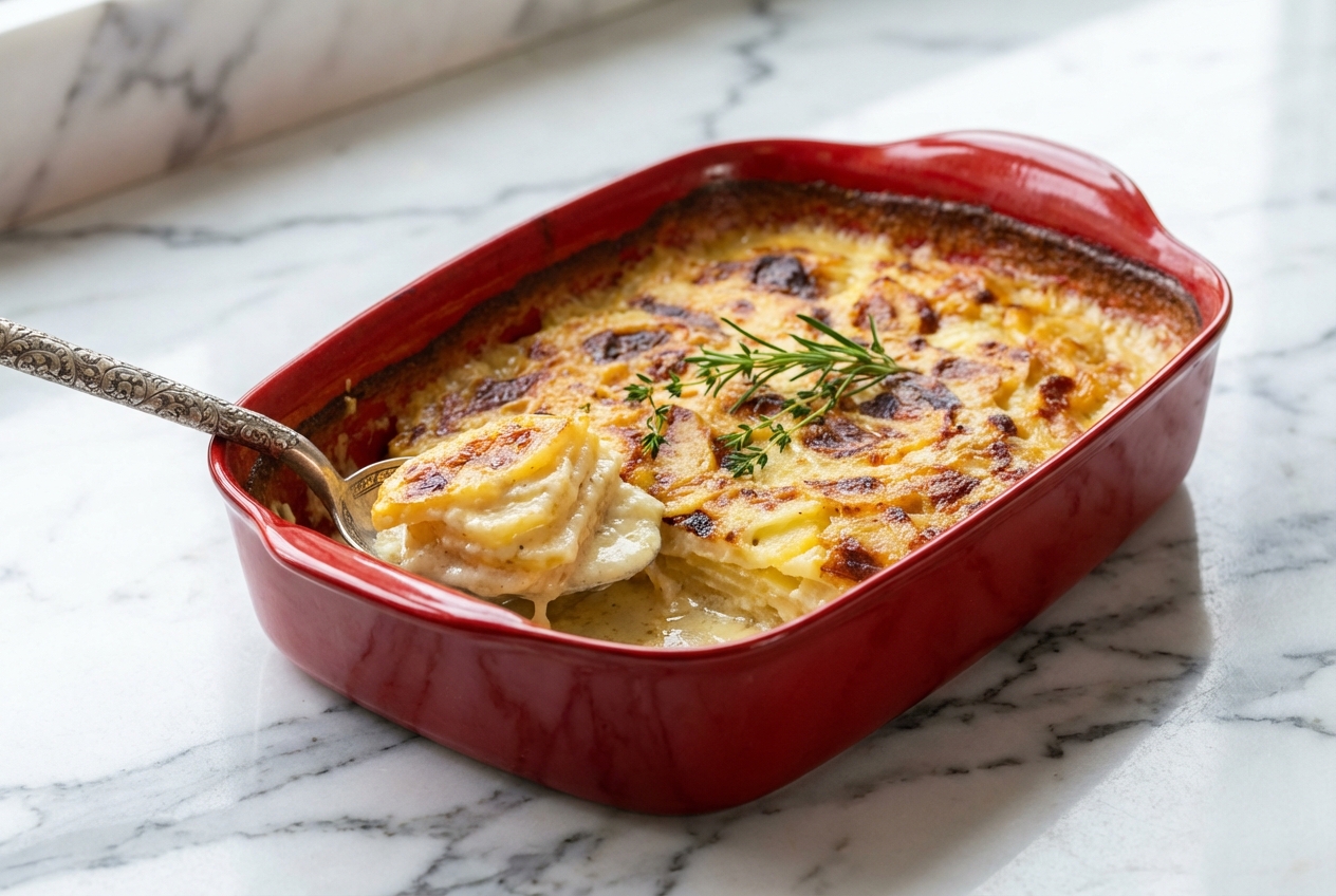 Recette gratin dauphinois doré dans un plat en céramique sur marbre blanc, sublimé par une infusion à froid au lait cru.