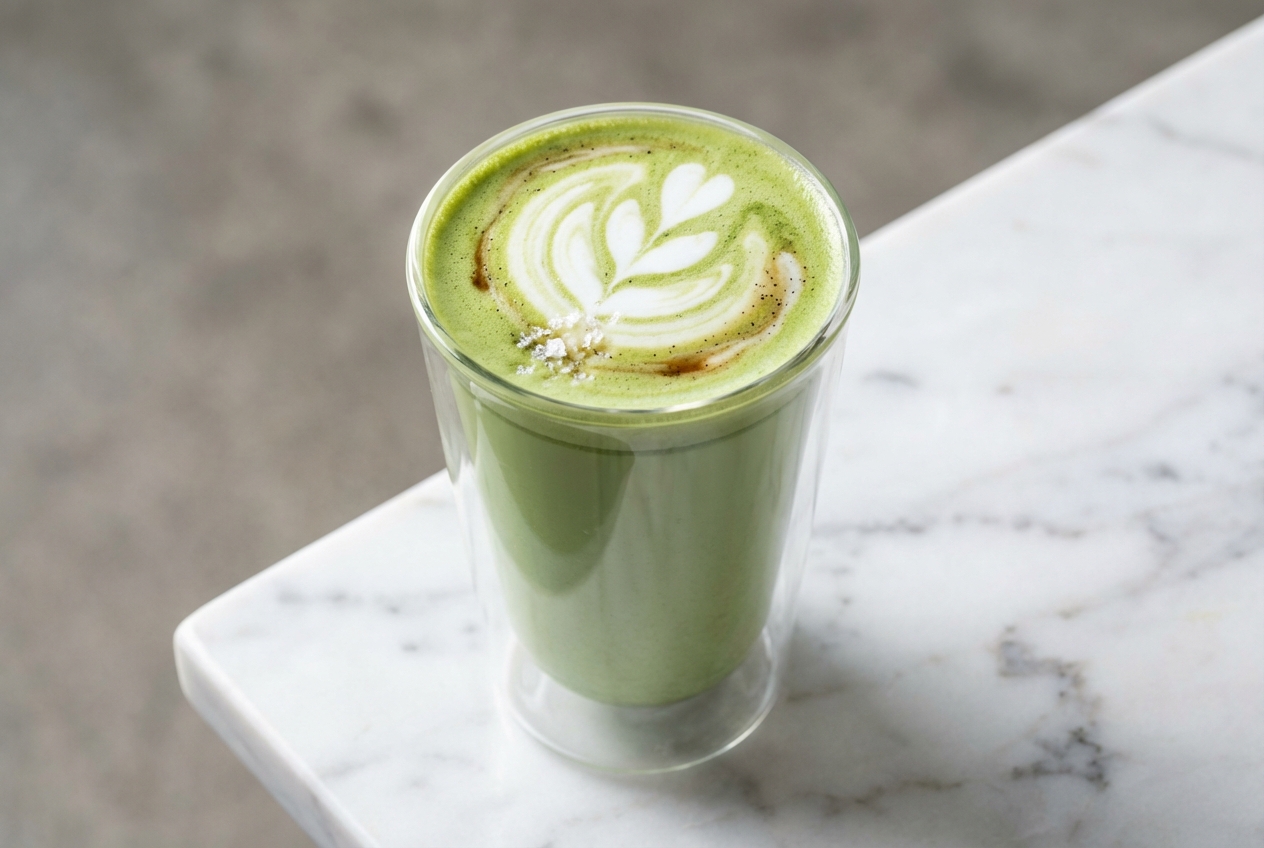 Recette matcha latte onctueux dans un bol en céramique minimaliste sur marbre blanc avec une pincée de sel marin.