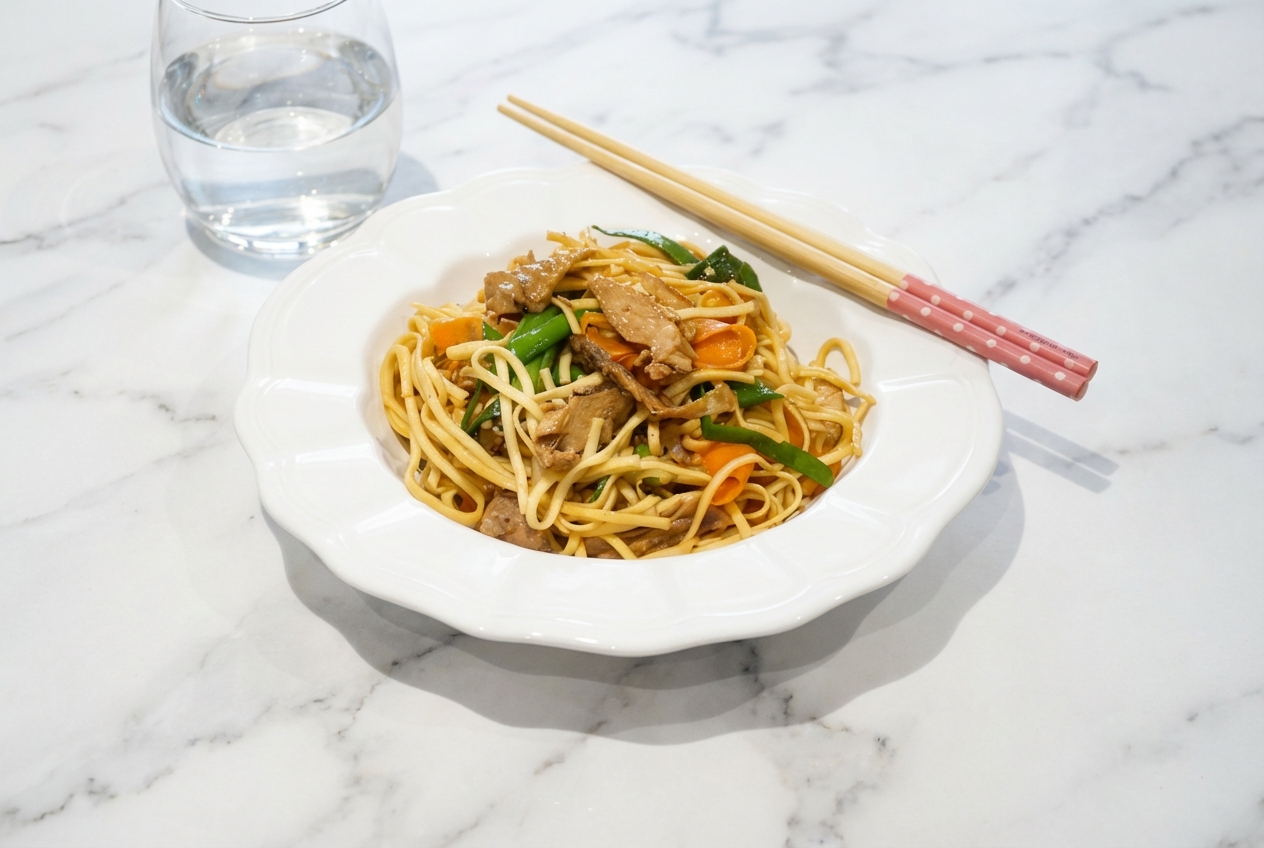 Recette nouilles sautées au poulet tendrement velveté au miel dans un bol en céramique blanc sur marbre.