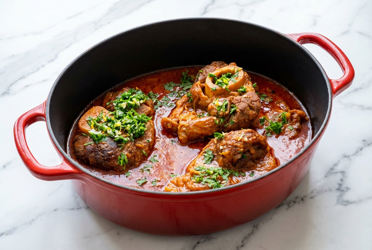 Assiette en céramique minimaliste présentant la recette Osso bucco de veau avec sa sauce onctueuse et son os à moelle, parsemée de Gremolata fraîche sur fond de marbre blanc.